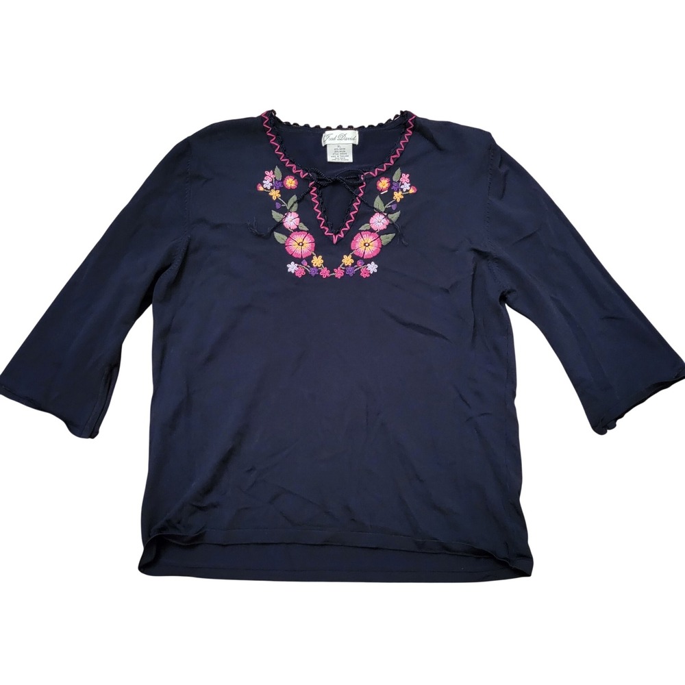Fred David XL Knit Top Black Floral Embroidered Keyhole Dark Whimsigoth Y2K 90s